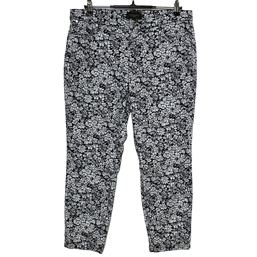Talbots Pants Womens 14 Petite Black White Floral Signature Cropped Actual 35X26